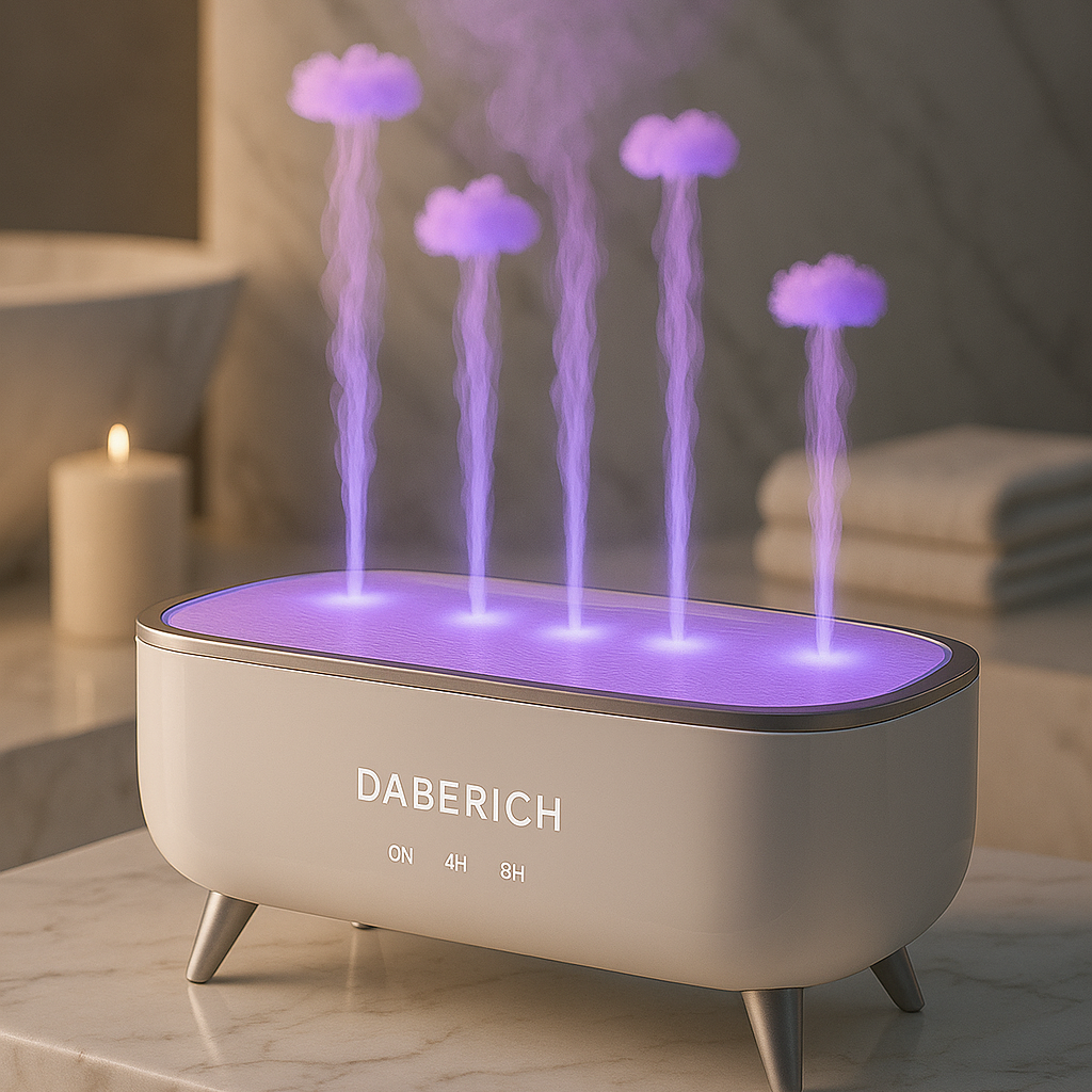 Daberich humidifier emitting purple mist in a bathroom setting
